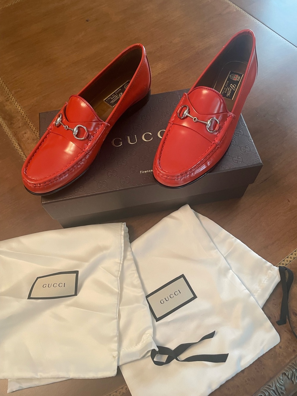 Gucci Red Leather Horsebit Loafers